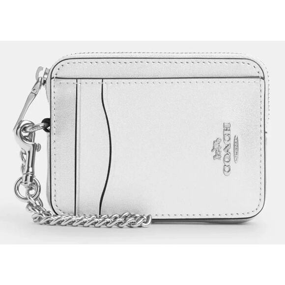 Coach CW890 ID Zip Card Case Pearlized Silver Leather With Chain New - Picture 1 of 5